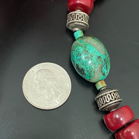 Handcrafted Red Coral & Turquoise Bali Toggle Clasp 17” Chunky Necklace 113g - Picture 11 of 15